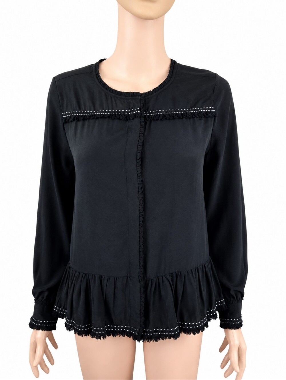 FLANNEL Australia Black 100% Silk Button Down Ruffle Blouse US 6-8 Medium